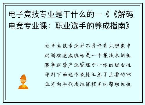电子竞技专业是干什么的—《《解码电竞专业课：职业选手的养成指南》